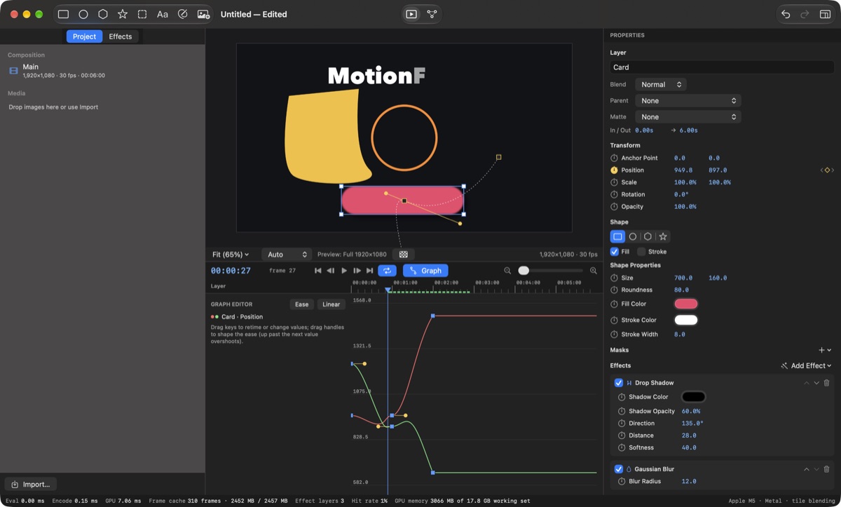 The MotionForge graph editor with eased value curves