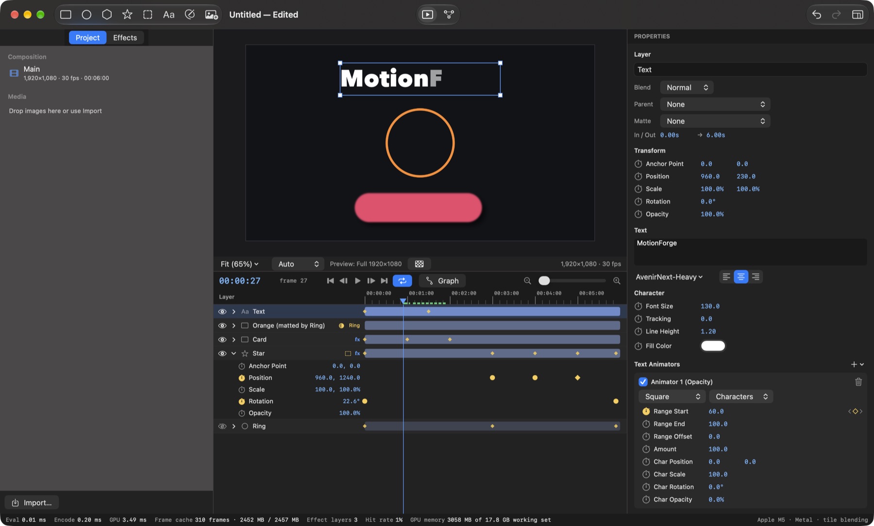 The MotionForge editor: the viewer with an animated title, the layer timeline with keyframes, and the text animator inspector